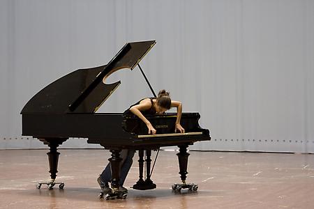 <i>Stop, Repair, Prepare: Variations of Ode to Joy for a Prepared Piano</i> 2008
Prepared Bechstein Piano, Pianist (Andrea Giehl, depicted)
81” Long
Installation view: Haus der Kunst, Munich
Photo: Marino Solokov