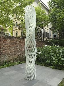 Shirazeh Houshiary
<i>White Shadow,</i> 2005
Aluminium bricks and steel cable
height 405 cm; ellipse 66 cm x 47 cm