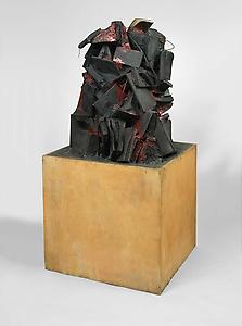 John Latham
<i>Little Red Mountain, </i>1960-62
Timber base, books, plaster, wires
132 x 64 x 64 cm