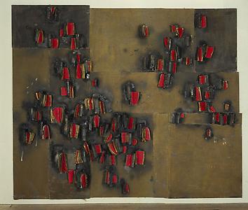 John Latham
<i>Great Uncle Estate, </i>1960
Books, wires, nails, metal chain, string, leather, paint on canvas on hardboard
335 x 274 x 20.3 cm