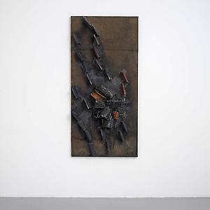 John Latham
<i>Batchelor Experience Negative,</i>1962
Books, wire mesh, machine fragments, plaster on canvas on hardboard
190 x 92 x 23 cm