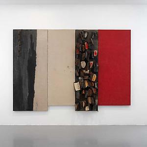 John Latham
<i>Four Phases of the Sun,</i> 1963
Books, wires, plaster, paint on canvas on hardboard
229 x 314 x 23 cm