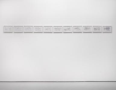 Jorinde Voigt
<i>Territorium/ Kontinentalgrenze (Job Time Sheet) I/1</i>, 2010
Ink, pencil on paper
11 works
12.5 x 20.2 cm each, paper size
18 x 26 cm each, framed