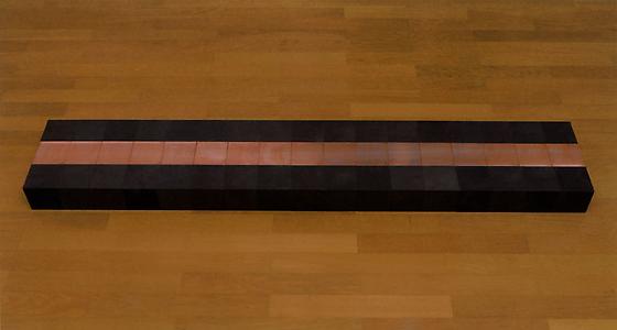 Carl Andre
<i>51 Copper-Carbon Vein</i>, 2006
17 copper and 34 carbon cubes
10 x 30 x 170 cm installed
(each 10 x 10 x 10 cm)