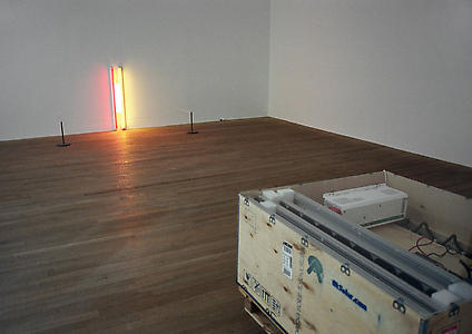<i>Puerto Rican Light</i> 1998/2003
Dan Flavin, Puerto Rican Light (to Jeannie Blake), 1965. Allora & Calzadilla, Puerto Rican Light, Battery bank containing solar panels, batteries, & inverter.
Allora & Calzadilla Dimensions 48” x 48” x 30”
Installation View: Common Wealth, Tate Modern, London
Photo: Allora & Calzadilla