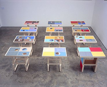 <i>Sighs Trapped by Liars </i>910 - 1027, 2004
Alogram on canvas over plywood and mixed media
12 tables at 59 x 85 x 79 cm each