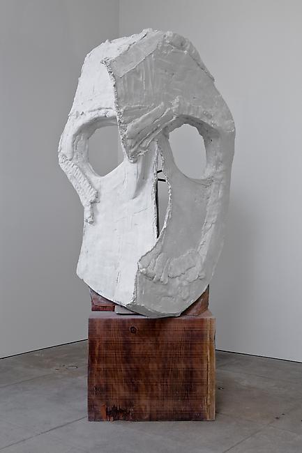 <i>Moon Mask (Two Plane)</i>, 2010
Tuf-Cal, hemp, iron rebar, redwood
Head: 68 x 43 x 40 inches
Base: 24 x 30 x 30 inces