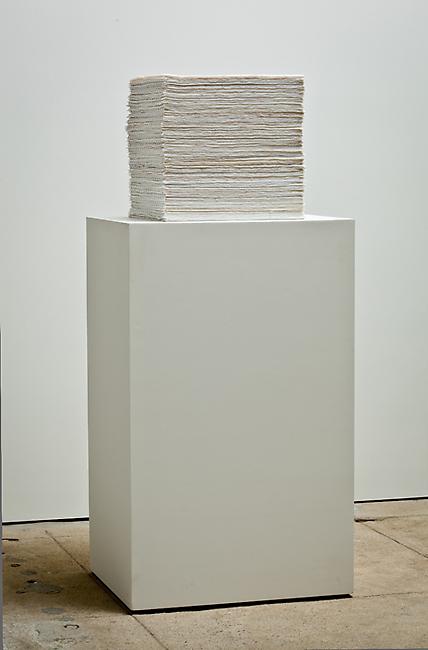 <i>Stack (one million)</i>, 2010-2011
6,460 9mm beads woven to make one square sheet, 175 pages stacked to create a cube
13 3/4 x 13 3/4 x 13 3/4 inches
