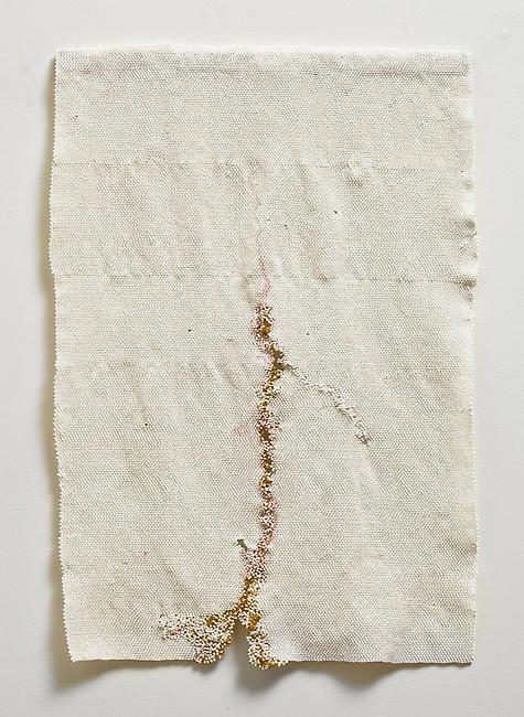 <i>Pray</i>, 2010-2011
white and 24 karat gold-plated glass beads, cotton
25 1/2 x 16 3/4 inches