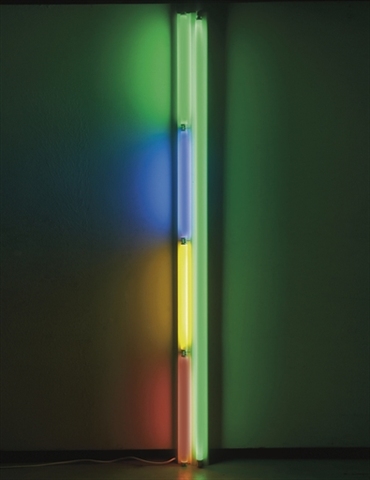 <b>DAN FLAVIN</b>
<i>untitled (to Ksenija)</i>, 1985
green, blue, yellow, and pink fluorescent light
96 x 6 1/2 x 3 inches (244 x 16.5 x 7.6 cm)