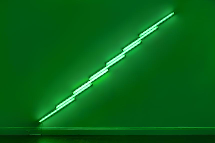 <b>DAN FLAVIN</b>
<i>untitled</i>, 1975
green fluorescent light
16 feet (488 cm) long on the diagonal
