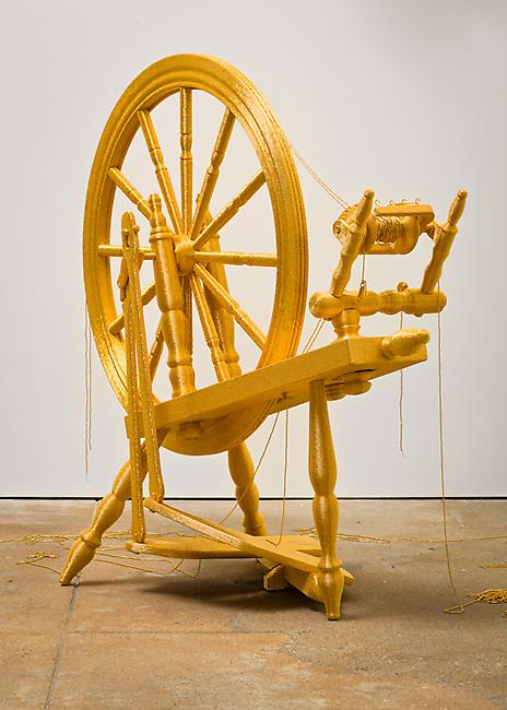 <i>Spin</i>, 2010-2011
spinning wheel, 24 karat gold-plated glass beads, stainless steel
39 x 18 9/16 x 43 inches