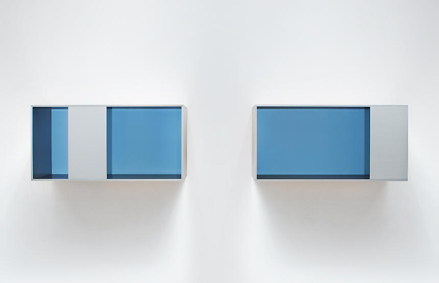 <i>Untitled (88-28 A/B Menziken)</i>
1988
brushed aluminum with blue plexiglas
2 units, each Unit: 19 5/8 x 39 3/8 x 19 5/8 inches