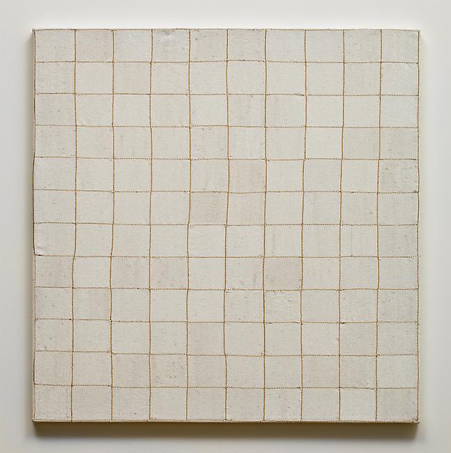 <i>horse-shitting, hair-splitting, nit-picking, piss-trickling</i>, 2010-2011
glass beads, cotton, stretcher frame
32 1/2 x 32 x 1 1/4 inches