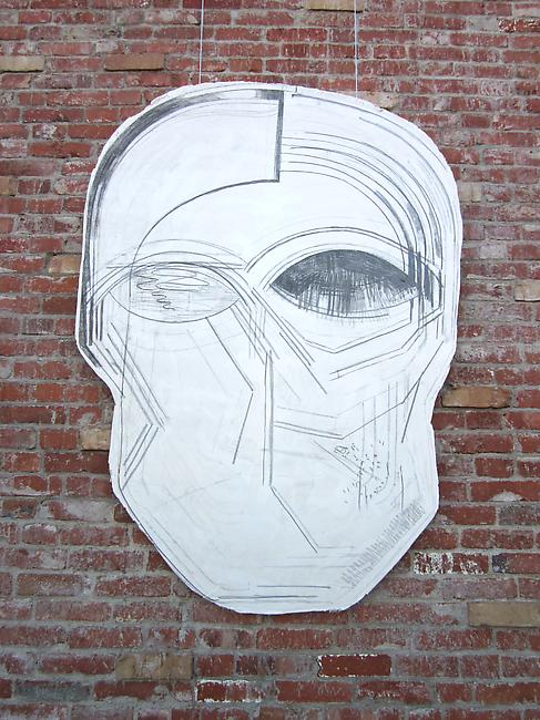 <i>Black Mask I</i>, 2011
Tuf-Cal, hemp, iron rebar, charcoal, graphite
29 x 5 x 35 inches