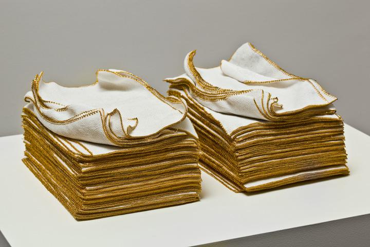 <i>Devotional</i>, 2010-2011
glass beads, cotton, 2 stacks of 50 sheets of white bead-woven paper with gold trim 
5 3/16 x 9 3/8 x 14 1/2 inches (two stacks)