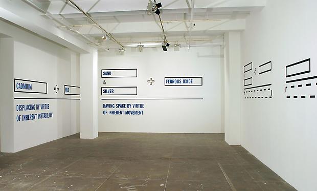 <b>TITANIUM & LEAD + AIR
MOVING INTO BY VIRTUE 
OF INHERENT VOLITION
WATER + FERROUS CONCRETE
ENCOMPASSING BY VIRTUE
OF INHERENT DESTINY
SAND & SILVER + FERROUS OXIDE
HAVING SPACE BY VIRTUE
OF INHERENT MOVEMENT
CADMIUM + MUD
DISPLACING BY VIRTUE
OF INHERENT INSTABILITY</b>, 1991 Image