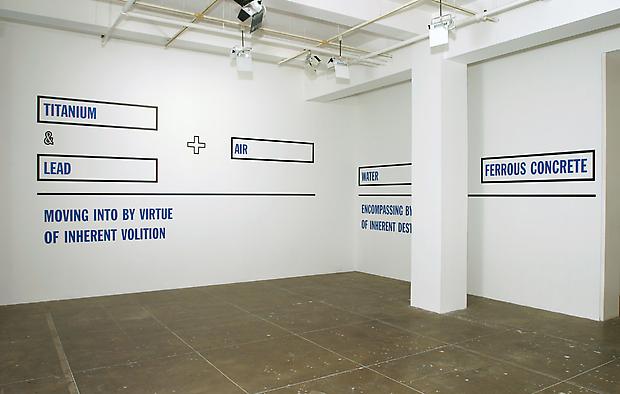 <b>TITANIUM & LEAD + AIR
MOVING INTO BY VIRTUE 
OF INHERENT VOLITION
WATER + FERROUS CONCRETE
ENCOMPASSING BY VIRTUE
OF INHERENT DESTINY
SAND & SILVER + FERROUS OXIDE
HAVING SPACE BY VIRTUE
OF INHERENT MOVEMENT
CADMIUM + MUD
DISPLACING BY VIRTUE
OF INHERENT INSTABILITY</b>, 1991 Image