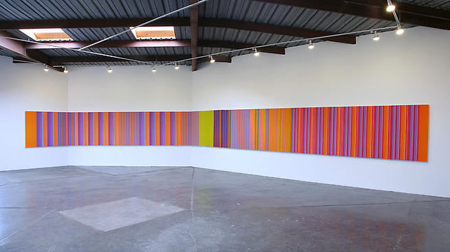 Columbia (Installation View), 2008
synthetic polymer on canvas over beveled panels (18)
52 x 576 inches (4.33 x 48 feet)
