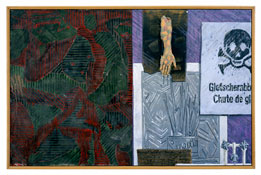 <i>Untitled</i>
1983
Encaustic and collage on canvas with objects
48 1/8 x 75 1/8 inches; 122 x 191 cm