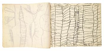 Cy Twombly
<i>Untitled</i>
1952-53
Staple-bound
30 sheets
Wax crayon on paper
8 3/4 x 11 inches; 

This is one of two sketchbooks the artist made on a trip to Tangier with Robert Rauschenberg.