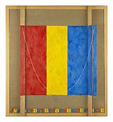 <i>Study for Merce</i>
2002
Encaustic on canvas and wood with collage and objects
33 1/2 x 30 5/8 x 2 3/4 - 5 3/8 inches (variable); 85.5 x 78.5 x 7 - 13.5 cm (variable)