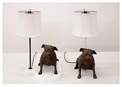 <i>A Pair of Lamps With a Bronze Joan</i>
2008
Bronze, poplar with oil enamel paint, steel, fabric
23 x 15 x 10 inches; 58 x 38 x 25 cm 
23 x 17 x15 inches; 58 x 43 x 38 cm