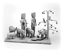 Edgar Tolson
<i>Paradise (from The Fall of Man series)</i>
1969
Carved wood with glue, paint, graphite and ink
12 1/8 x 6 1/8 x 17 3/4 inches; 31 x 16 x 45 cm