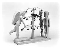 Edgar Tolson
<i>Expulsion (from The Fall of Man series)</i>
1969
Carved wood with paint, graphite, glue and ink
12 1/2 x 7 1/2 x 15 inches; 32 x 19 x 38 cm