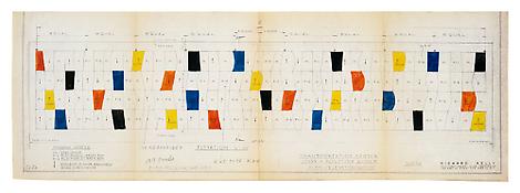 <I>Study for Sculpture for a Large Wall, 1957, definitive color plan</i>
1956
Ink on blueprint
12 3/8 x 36 3/16 inches; 31.5 x 92 cm