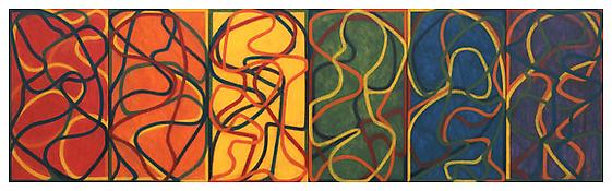 <i>The Propitious Garden of Plane Image, First Version</i>
2000-2005
Oil on linen
6 panels: 42 x 24 inches (each); 107 x 61 cm
Overall: 42 x 144 inches; 107 x 366 cm
