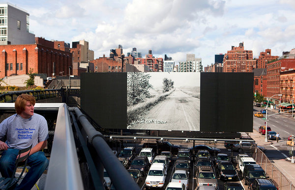 Robert Adams, "Nebraska State Highway 2, Box Butte County, Nebraska," 1978, displayed on a 25-by-75-foot billboard adjacent to the High Line park in West Chelsea as part of "Landscape with Path," a photography series curated by Joel Sternfeld. Photo by Andrea Morales for <a href="http://www.nytimes.com/2011/08/19/arts/design/outdoor-sculpture-on-new-york-streets.html">The New York Times.<http://www.nytimes.com/2011/08/19/arts/design/outdoor-sculpture-on-new-york-streets.html> </a>
