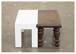 <i>A New Table With an Old Footstool</i>
2008
Maple with oil enamel paint, found footstool
7 1/4 x 12 1/3 x 12 1/3 inches; 18 x 31 x 31 cm