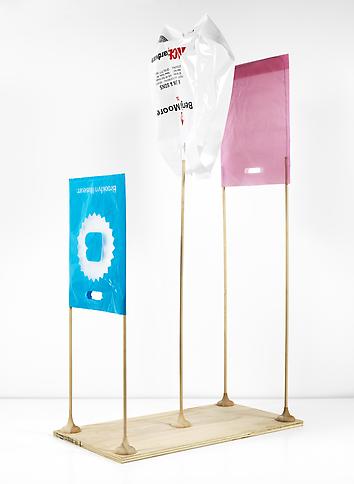 Untitled, 2012. Wood, wire and plastic bags, 57 x 16 3/4 x 31 inches (144.8 x 42.5 x 78.7) cm. (MP# 41)