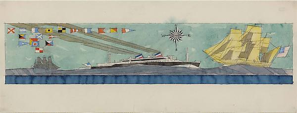 (Double-funneled Liner, two Sailing Boats, Wind Rose and Nautical Flags), 1938
Watercolor and pen and ink on paper 
9 3/8 x 24 3/4 in. (23.9 x 63 cm)