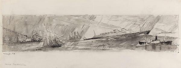 Marine Transportation, 1938
Watercolor and pen and ink on paper 
9 3/8 x 24 3/4 in. (23.8 x 62.9 cm)
Signed and dated lower left: Feininger, 1938 
Titled bottom left: Marine Transportation
