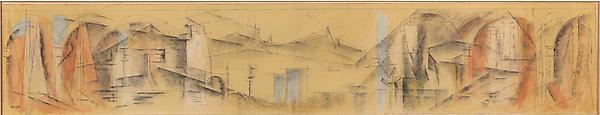(Landscape framed by Arches), 1939
Watercolor, crayon and ink on paper
9 ¼ x 50 in. (23.5 x 127 cm)
Signed lower left: Feininger