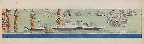 (Double-funneled Liner, Sailing-ships and Nautical Flags), 1938
Watercolor and pen and ink on paper 
7 7/16 x 24 13/16 in. (19 x 63 cm)
Signed and dated lower left: Feininger 1938