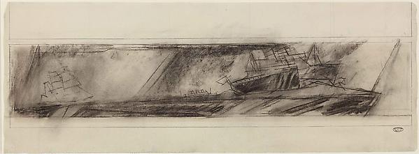 (Steamers and Sailing-ship in Turbulent Sea), 1938
Charcoal on paper
9 ½ x 24 7/8 in. (24.2 x 63.2 cm)
