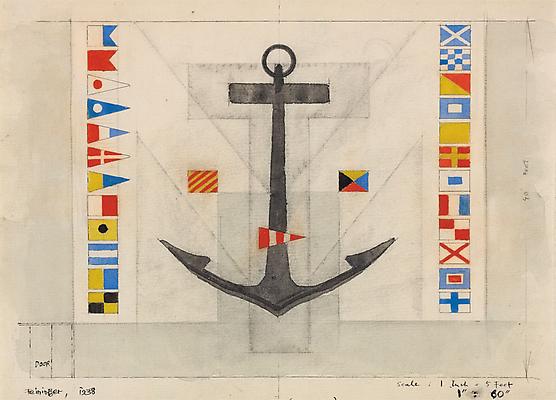 Design for Rear Wall of Marine Transportation Building (M T), World’s Fair New York 1939, 1938
Watercolor, crayon and pencil on paper
9 3/8 x 12 7/16 in. (23.9 x 31.5 cm)
Signed and dated lower left: Feininger, 1938
Titled lower center: Design for rear Wall of Marine Transportation Building (“M T”) „World’s Fair New York 1939”
Inscribed lower left: DOOR
Inscribed center right: 40 FEET,
Inscribed bottom right: Scale : 1 Inch = 5 Feet 1” : 60“
