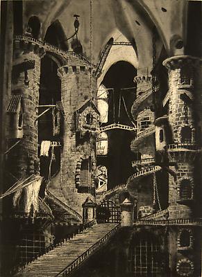<i>Piranesi (state 2)</i>, 2008 
photogravure, aquatint and hardground etching, 
drypoint and scraping on Somerset soft white, tea stained
22 x 27.5 in. (55.9 x 69.9 cm)
4.300 € including tax