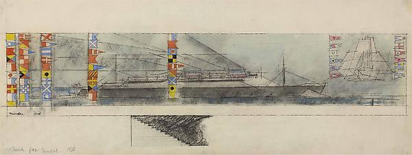 Sketch for Mural, 1938, 1938
Watercolor and pen and ink on paper 
9 7/8 x 24 13/16 in. (23.9 x 63 cm)
Signed and dated lower left: Feininger 1938
Titled bottom left: Sketch for Mural, 1938