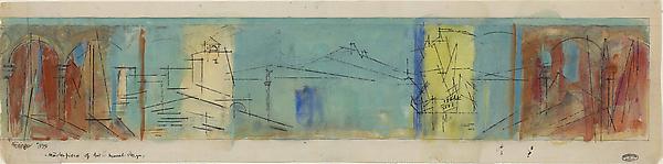 Masterpieces of Art, Mural Design, 1939
Watercolor and pen and ink on paper 
6 3/16 x 25 5/16 in. (15.7 x 64.3 cm)
Signed, dated and titled lower left Feininger 1939 „Masterpieces of Art” – Mural Design,