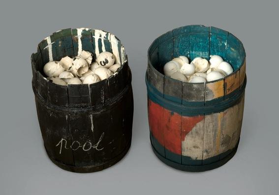 MARCEL BROODTHAERS<br />Pot oeufs<br />1966<br />two wood and metal barrels, egg shells and paint<br />each: 13 x 9 7/8 inches<br />(33 x 25 cm)<br />