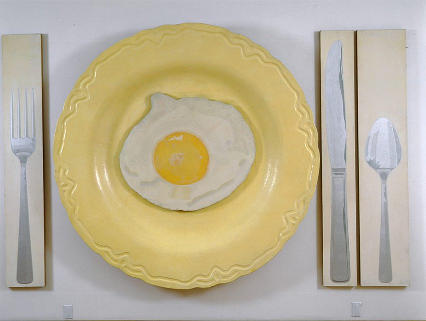 Alex Hay<br />Egg on Plate with Knife, Fork, and Spoon<br />1964<br />spray acrylic and stencil on linen; painted fiberglass;  in four panels<br />86 x 140 1/4 x 6 3/4 inches<br /> (218.4 x 356.2 x 17.1 cm)<br />