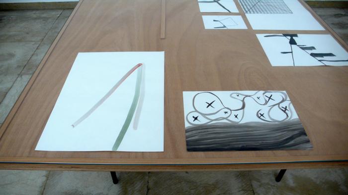 Silvia Bächli<br />Instalation, auslegen, 4 tables with 43 drawings, 2008 - 2009 <br />La Biennale di Venezia 09<br />