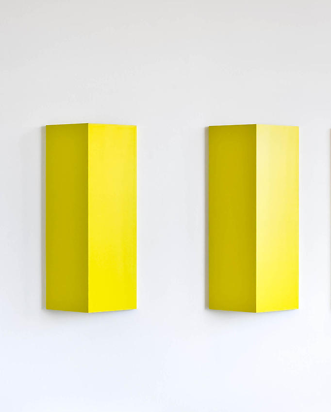 Charlotte Posenenske<br />Relief, Series B, 1967<br />RAL yellow spray paint on sheet aluminum, convexly folded<br />39 3/8 x 19 5/8 x 5 1/2 inches<br />