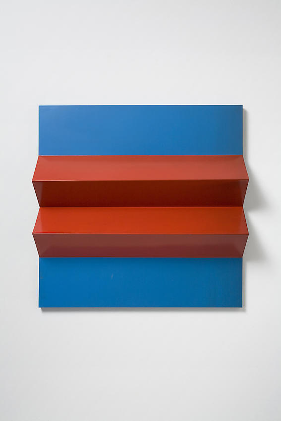 Charlotte Posenenske<br />Faltung (Fold), 1966<br />RAL red and blue spray paint on folded sheet aluminum<br />29 1/2 x 29 1/2 x 5 1/2 inches<br />