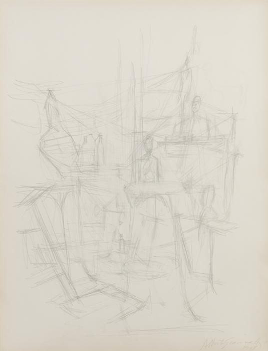 Alberto Giacometti<br />Intérieur à Stampa<br />c. 1960-65<br />graphite on paper<br />19 5/8 x 12 5/8 inches (50 x 32 cm)<br />