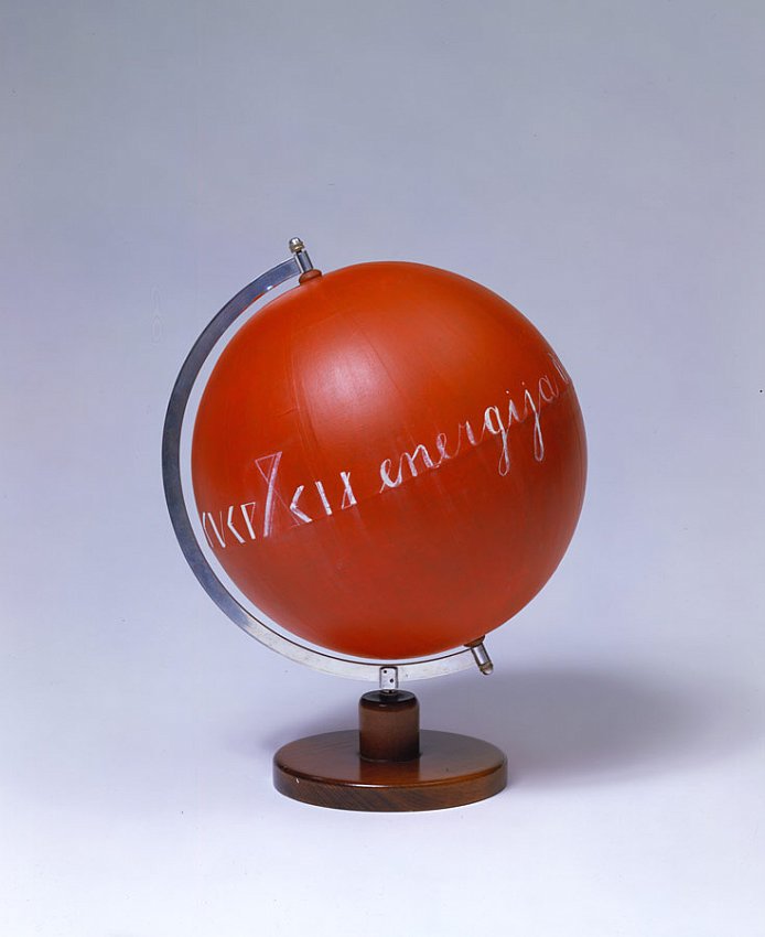 Energija<br />c. 1978<br />acrylic and oil on globe made of wood, metal and paper				<br />
